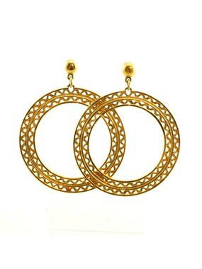 Vintage Gold Tone Openwork Circle Dangle Earrings Boho Filigree